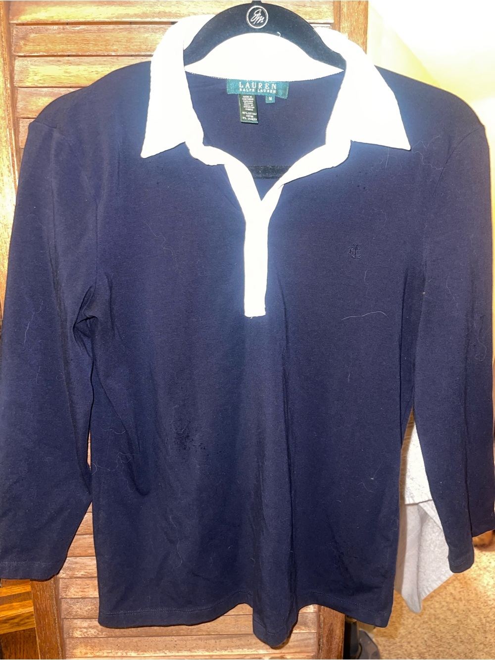 Lauren Ralph Lauren Cotton Navy Long-Sleeve Polo with White Collar - Picture 3 of 6